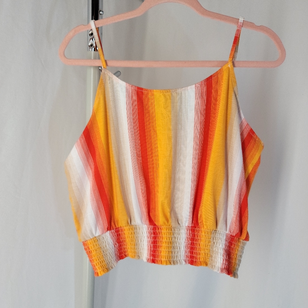 Love, Fire  orange, Yellow & White Striped Cropped Tank Top, women's XL